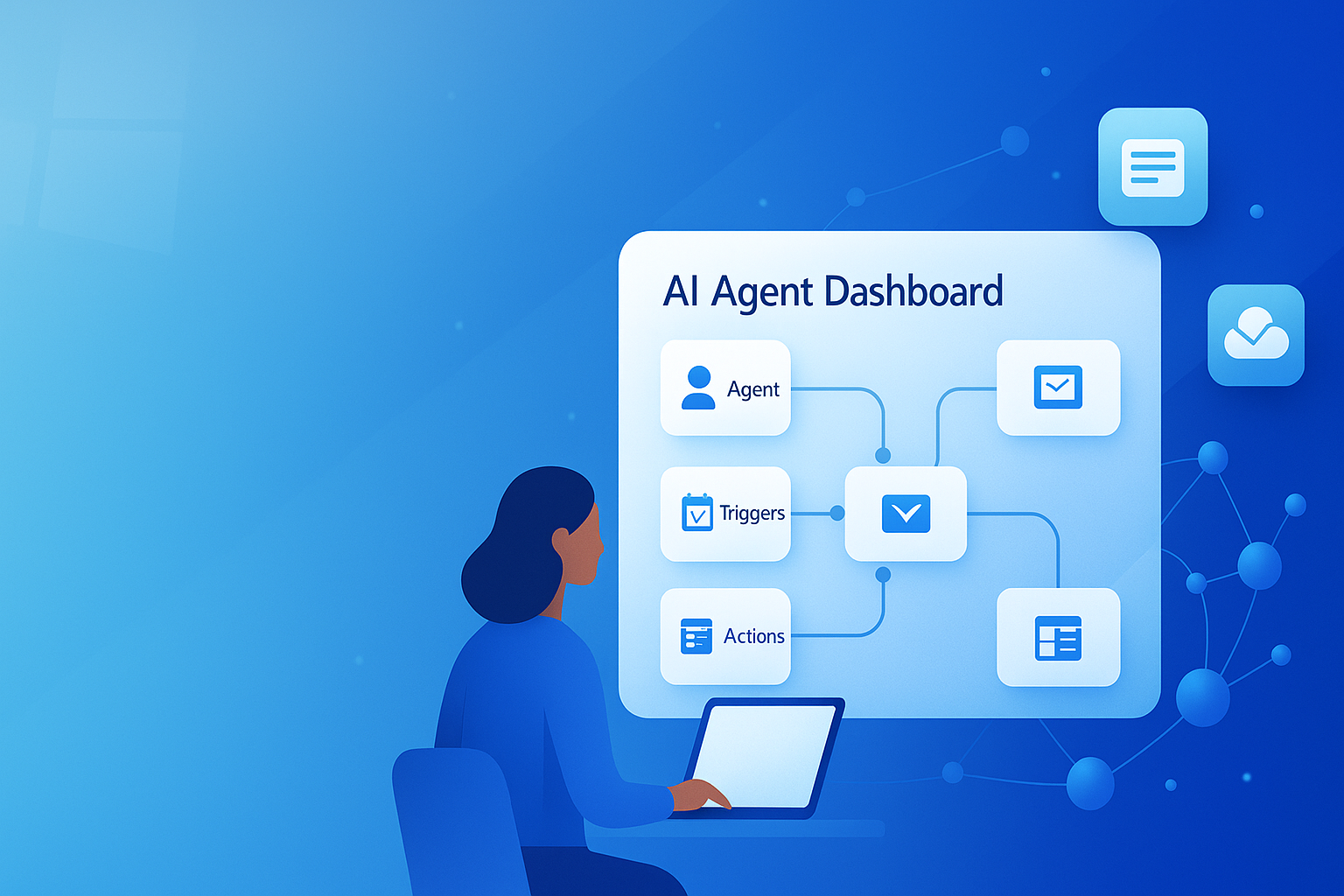 AI Agent Dashboard showing workflow with Agent, Triggers, and Actions components